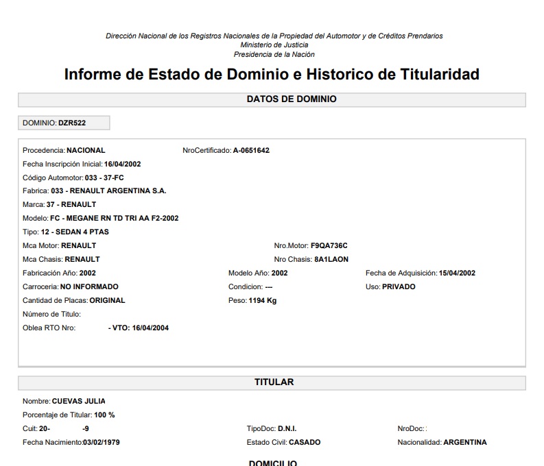 Ejemplo de informe de dominio